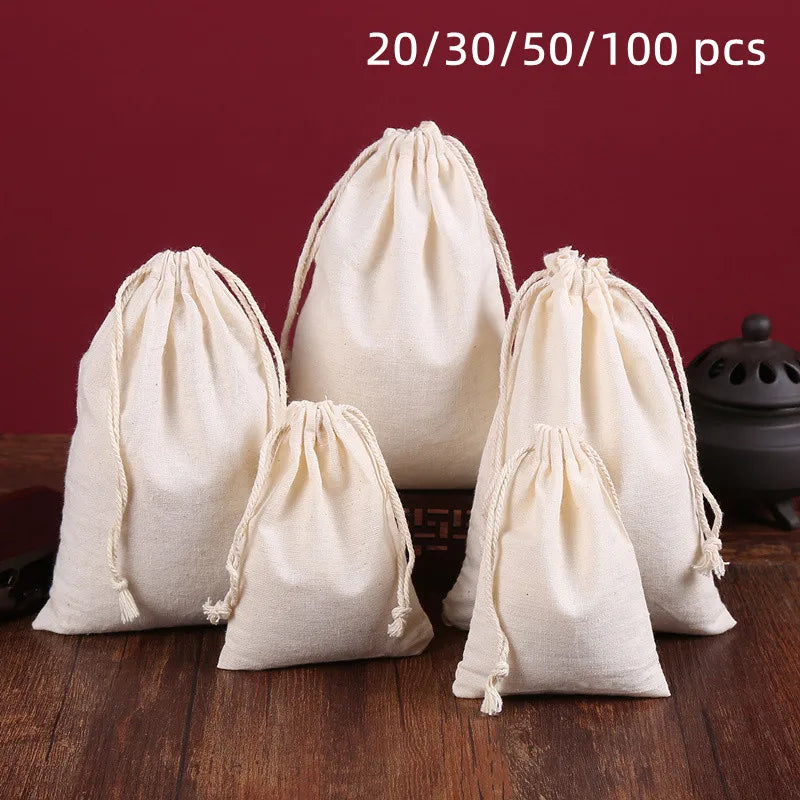 50/100 Pcs/Lot 100% Cotton Drawstring Storage Bags for Gift Package Christmas Party Wedding Craft Packing Plain Pouches